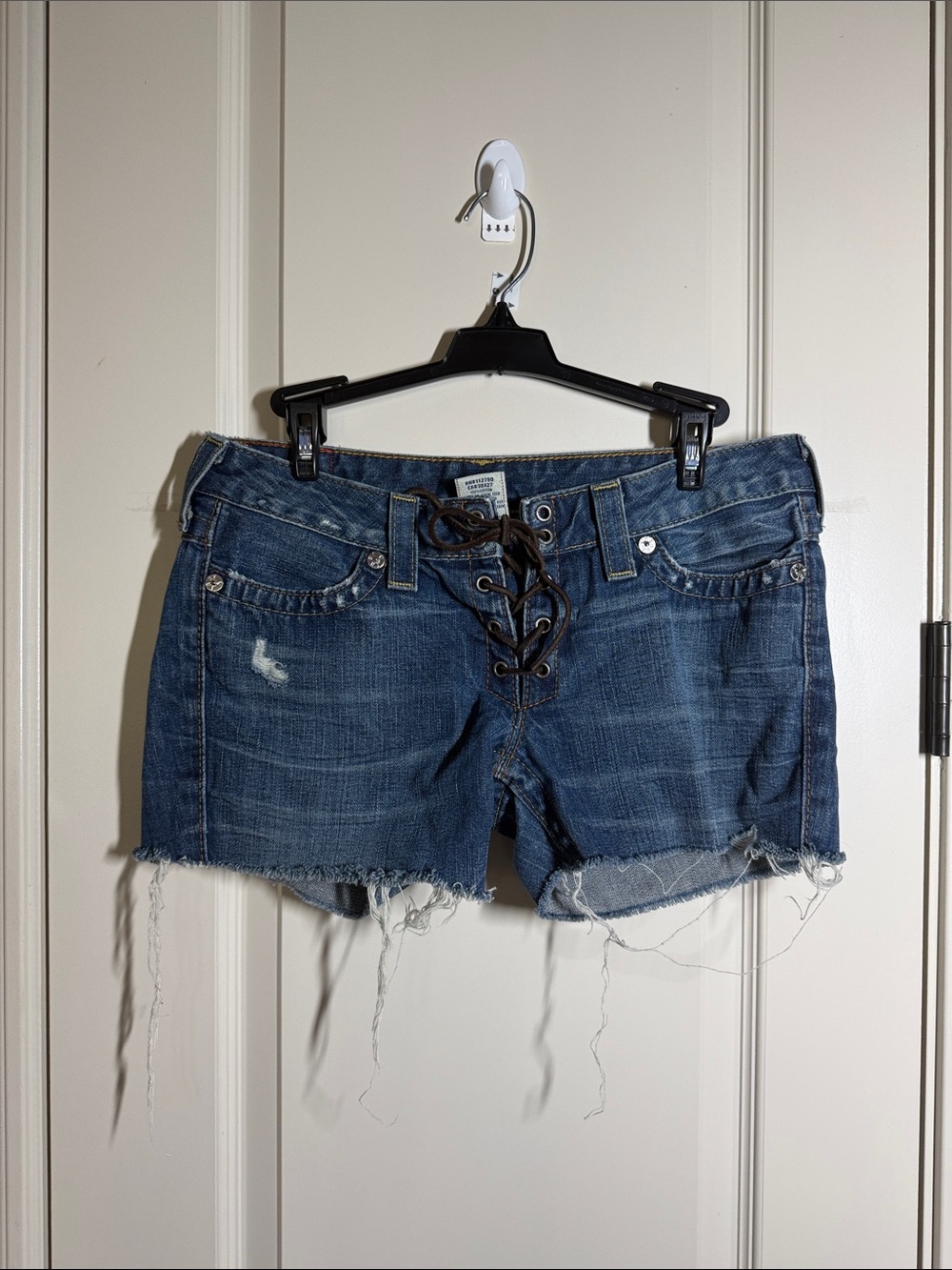 True Religion Women's Lace-Up Distressed Denim Shorts - Blue